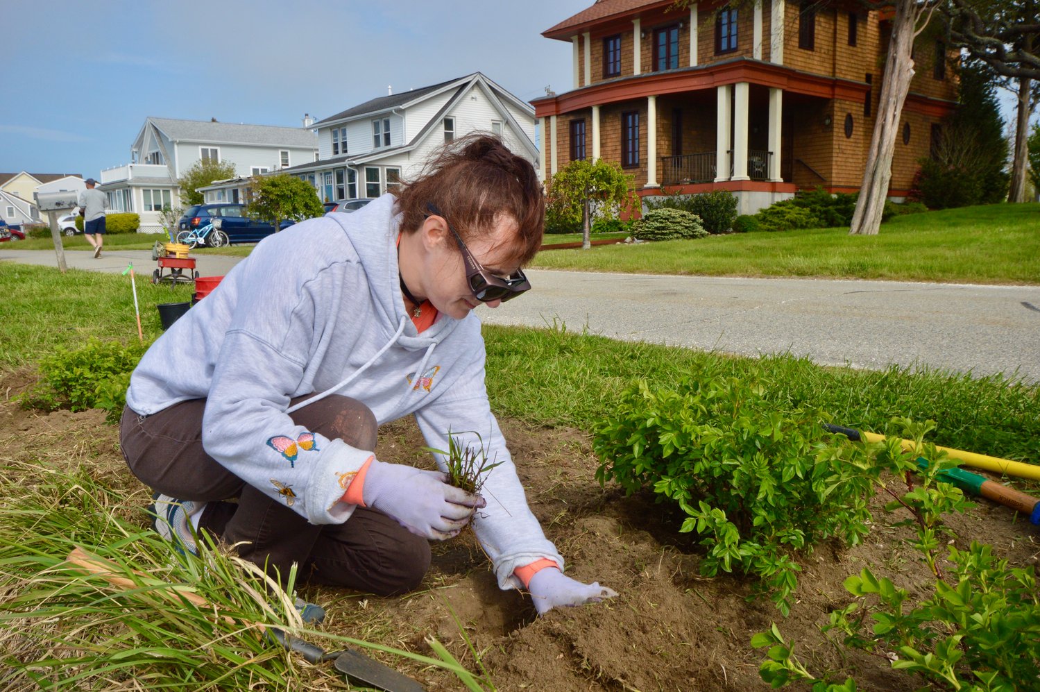 Nicole Gotovich plants switchgrass on the north side of Common Fence Point Boulevard. The plant is particularly salt-tolerant, so it’s ideal for the shoreline.