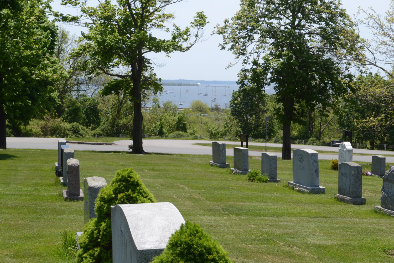A pleasant view of the bay seen from the western end of the cemetery.