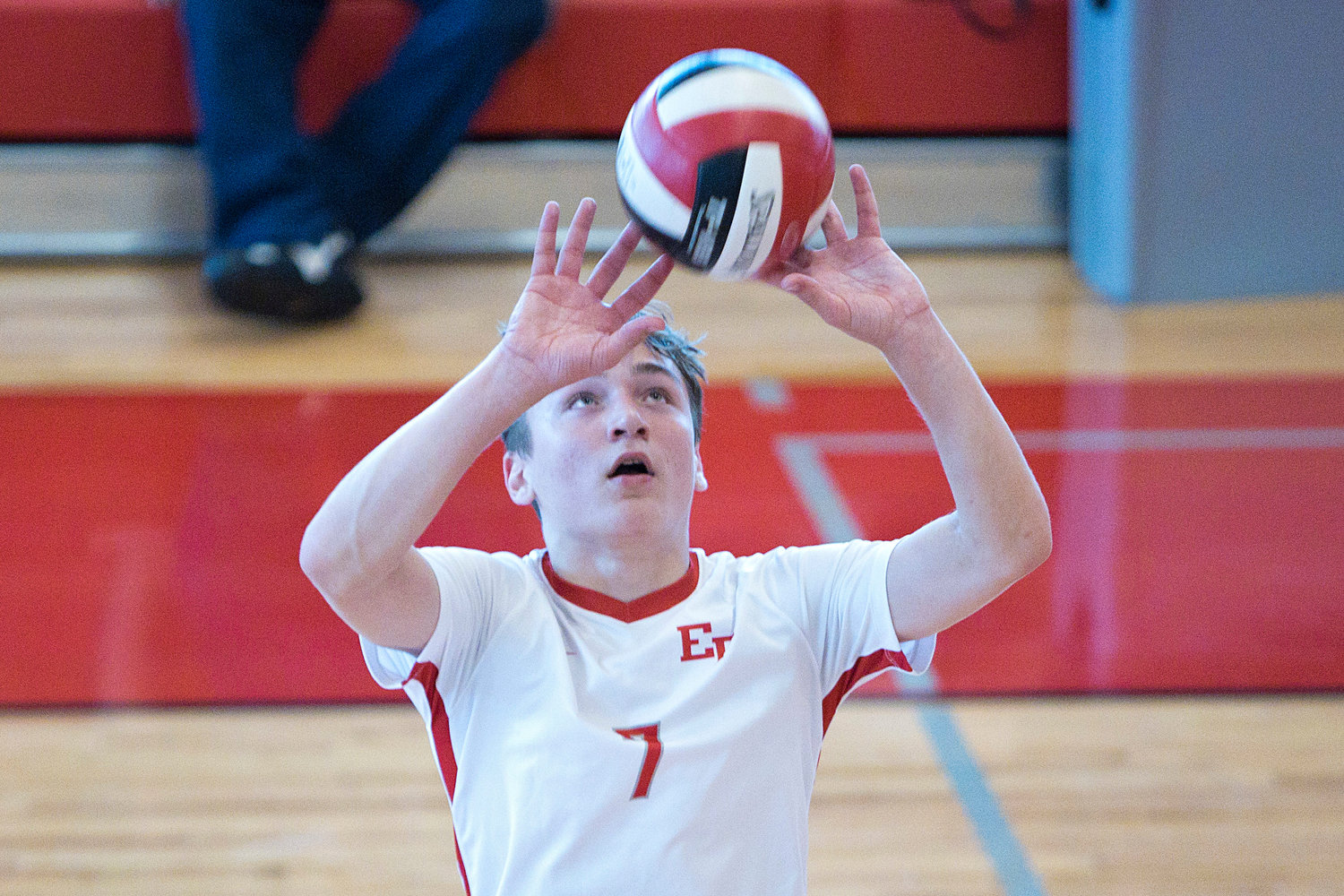East Providence High School’s D.J. Lepine sets the ball to a teammate while competing against Westerly in the Division II boys' volleyball semifinals, Wednesday, June 8.