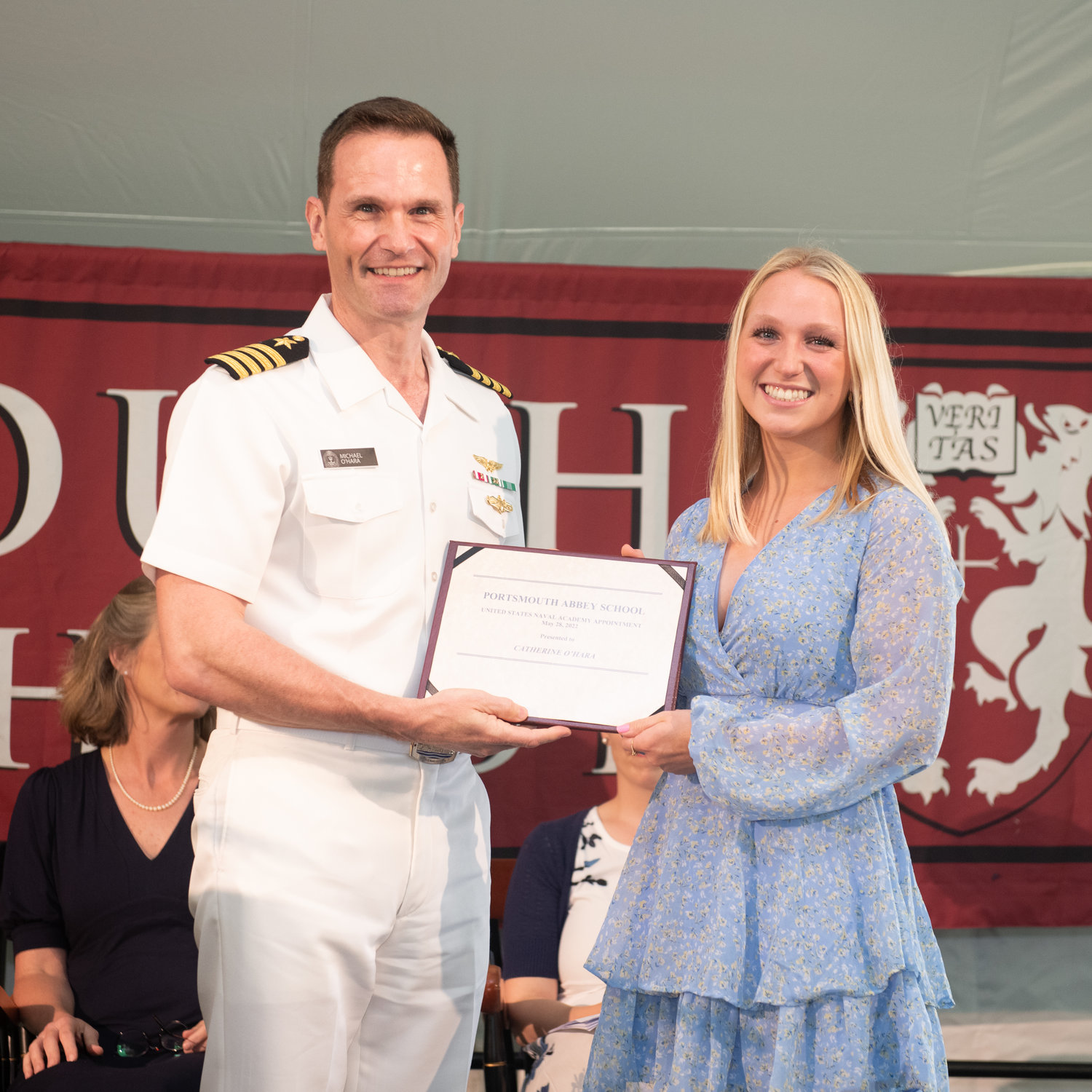 Portsmouth Abbey graduate Catherine (Lisie) O’Hara of Portsmouth received her official U.S. Naval Academy appointment, presented by her father, Blue and Gold Officer Capt. Michael O’Hara, a permanent military professor and chair of the Wargaming Department at the U.S. Naval War College. Lisie was also elected by her classmates to give one of the commencement speeches during the graduation ceremony.
