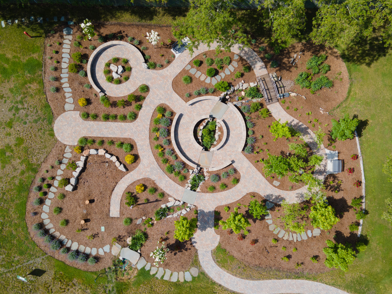 An aerial view of the rain garden at Melville School.