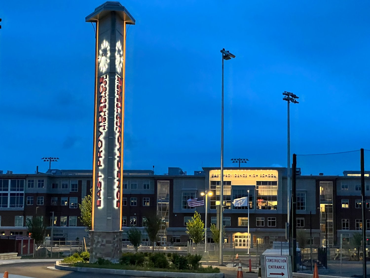A view of the new EPHS clocktower and main entrance to the building lighted on Thursday night, June 16.