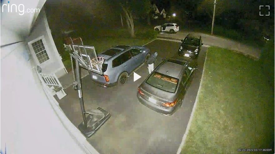 A suspect checks out a vehicle parked outside a Barrington home at about 3:15 a.m. on Monday, June 20. Police said two vehicles were stolen from resident’s driveways on Governor Bradford Drive and Chapin Road.