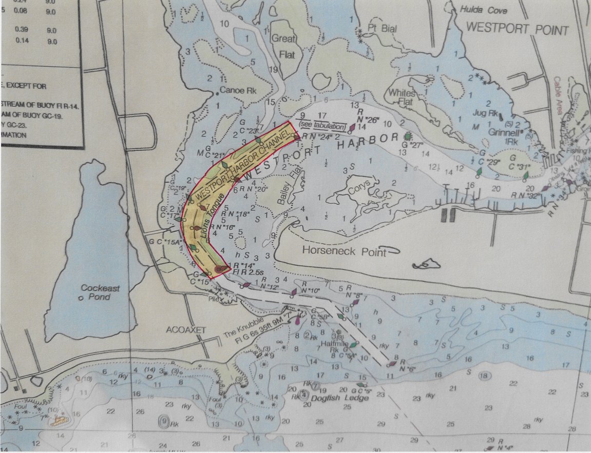 This navigational chart shows the worst, most shoaled-in stretch of the channel.