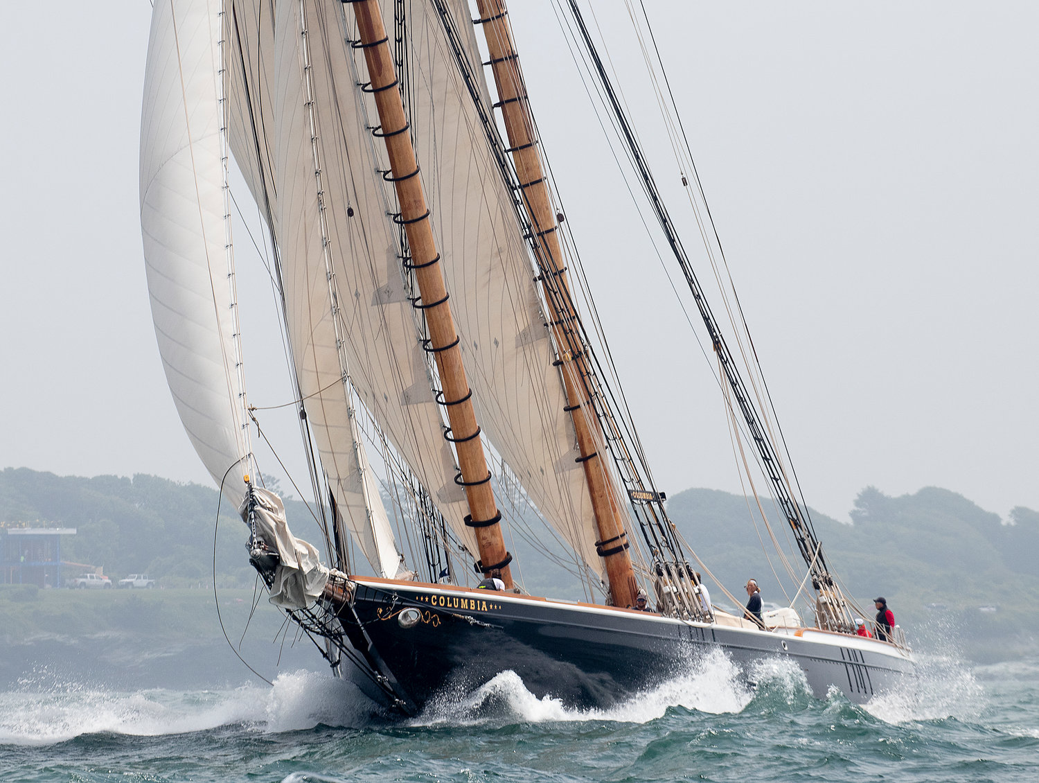 Columbia, a Herreshoff racing schooner owned by Martin Sutter of the CCA and NYYC, preps for the start of the Newport Bermuda Race on Friday, June 17, in Newport Harbor.