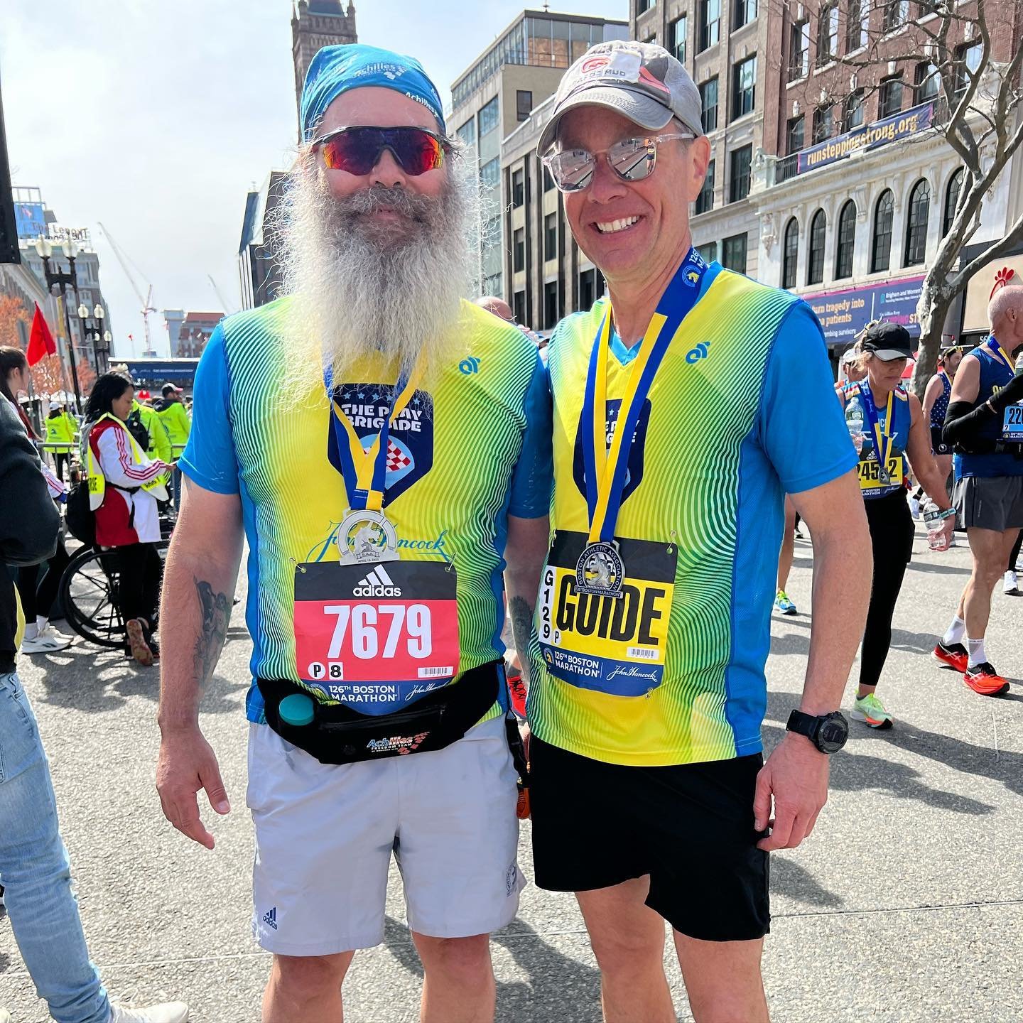 Robert Sanchas and his running guide, Jeremy Howard, after finishing the 2022 Boston Marathon. It was the 14th marathon Sanchas has completed since beginning adaptive running in 2016.