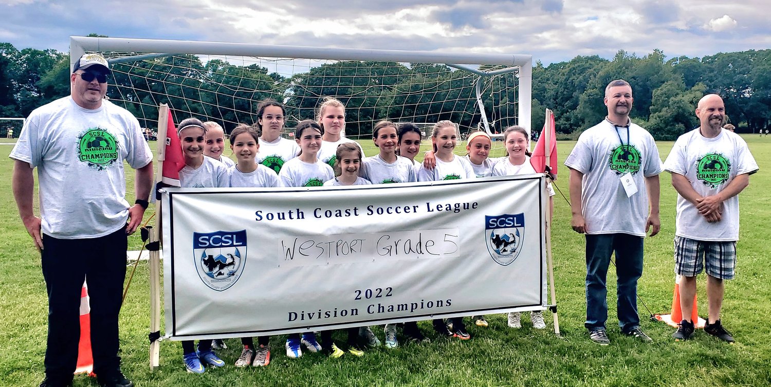 Members of the fifth grade girls' team include (from left) Coach Justin Gendreau, Ella Camara, Maddison Wenson, Lily Veracka, Bailey Hart, Sophia Nickelson, Reese Markovich, Margaret Twomey, Lily Cipollini, Ella Pereira, Isabella Krzyston, Autymn Pereira, Peyton Gendreau, Assistant Coach Keith Nickelson and Assistant Coach Paul Krzyston. Missing from the photo are teammates Mallory Crocker and Vera Rodrigues.