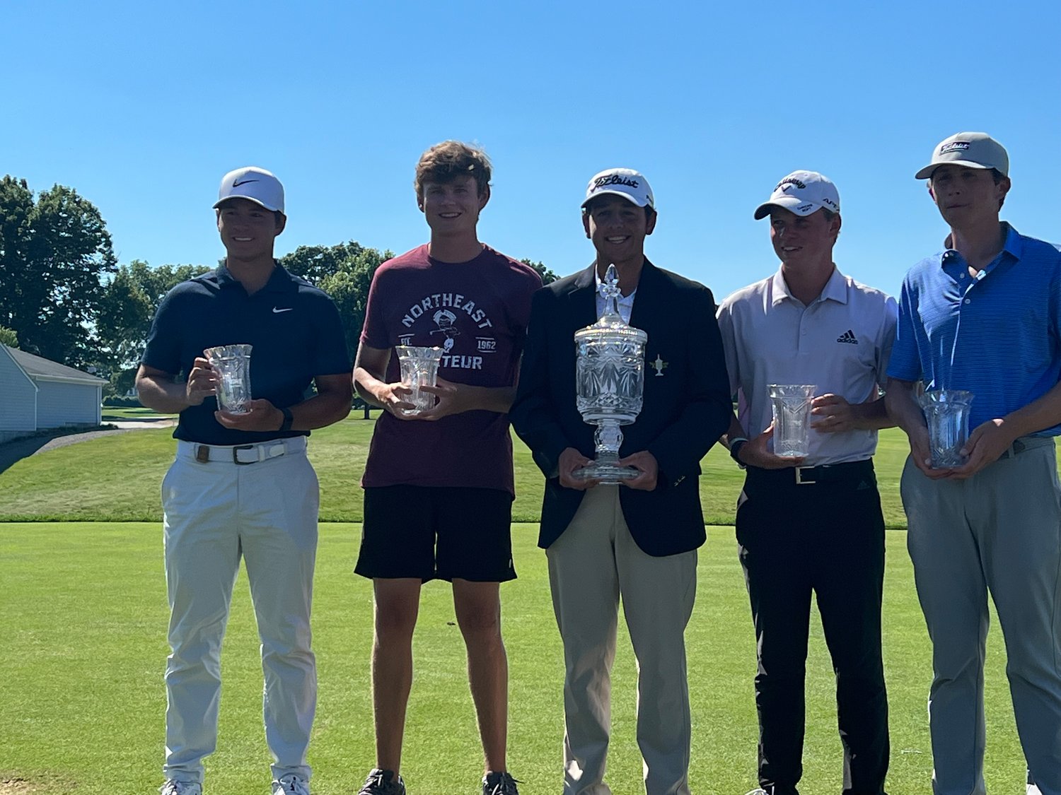 The top five finishers in the 2022 Northeast Am (from left to right) runner-up Karl Vilips, Bryce Lewis, champion Dylan Menante, Caleb Surratt and Gordon Sargent.