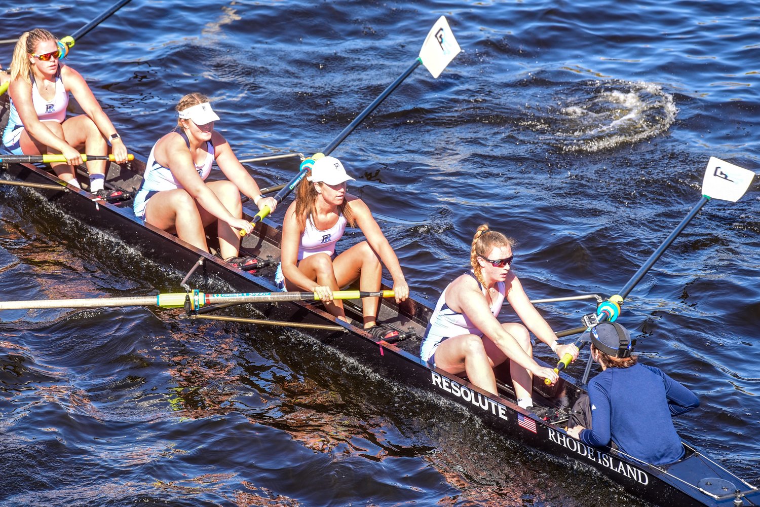 Barrington’s Julia Fortin (fourth rower from the left) is shown competing for the URI Women’s Crew team. Initially she made the URI team as a walk-on.