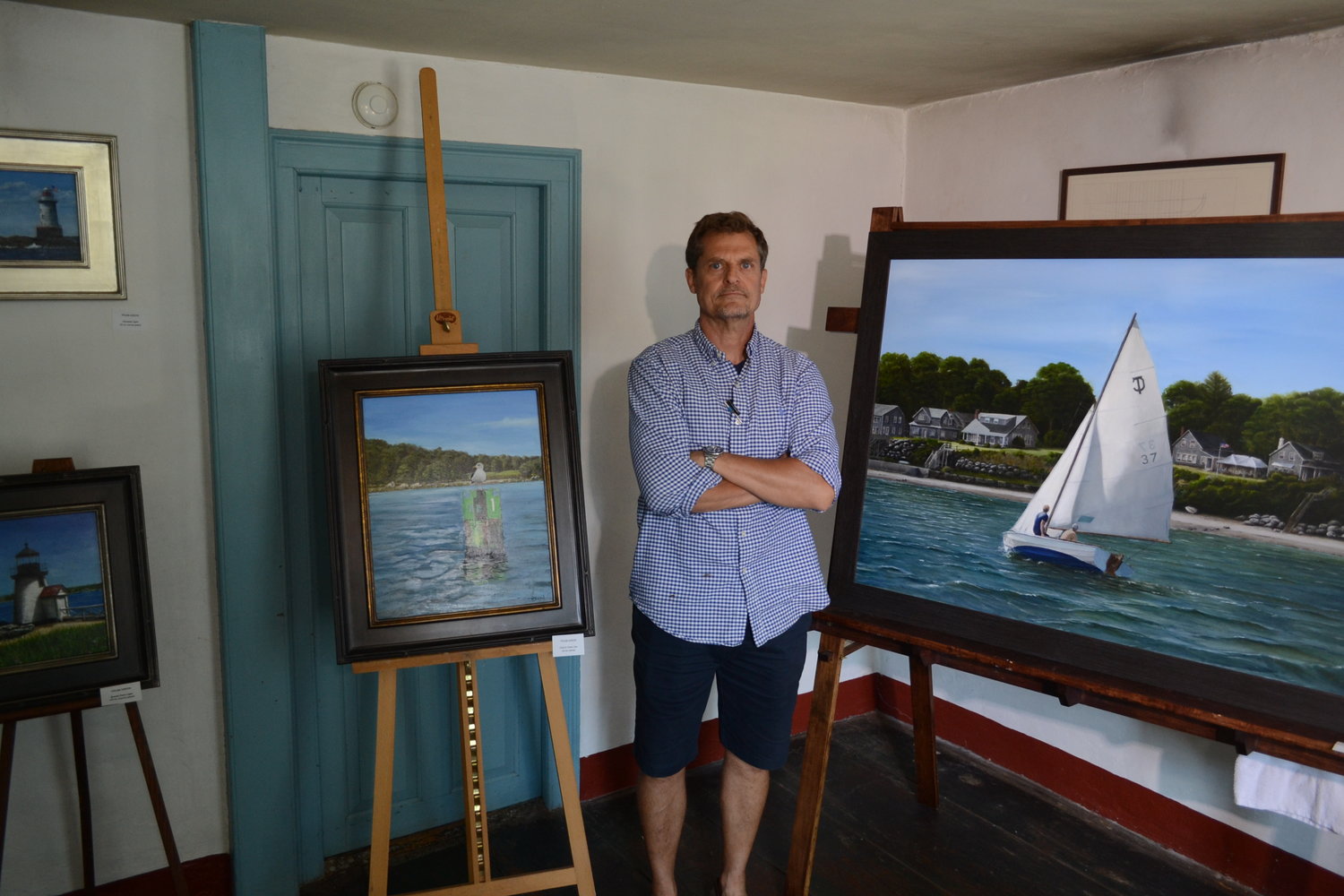 Touisset resident Tyler Dixon, Jr., a self-taught, contemporary realist landscape and still life painter, set up artwork throughout the historic Maxwell House on the corner of Church and Water Streets.