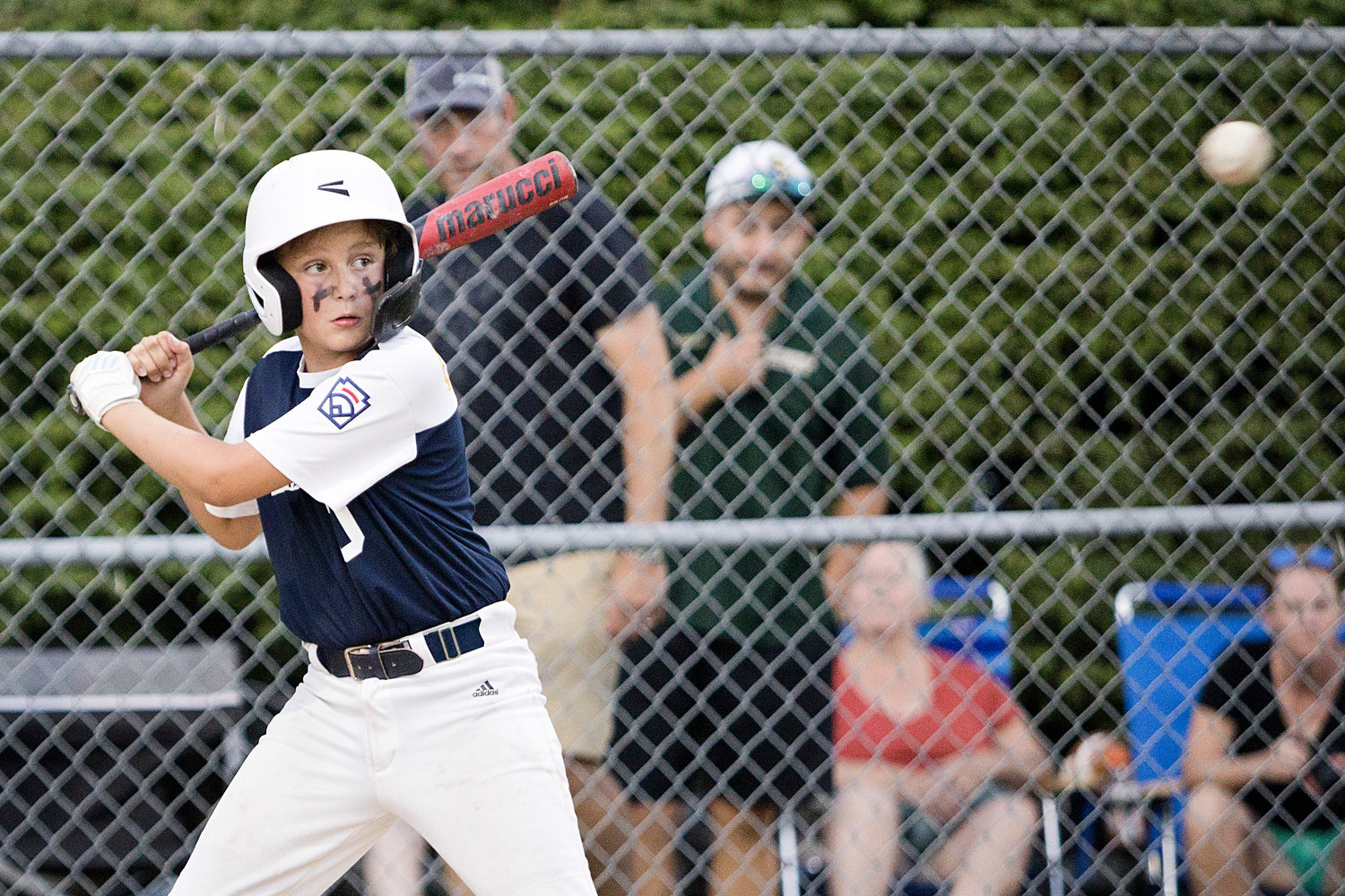Ben Claussen times the ball while up to bat against Cranston East in the 11U All-Star State Tournament, Wednesday.
