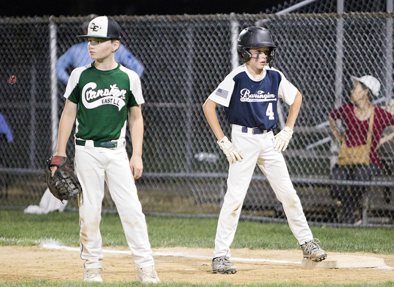 Zane Paller stands hopeful at first base while trailing Cranston East 4-1 in the sixth inning of an 11U All-Star State Tournament game, Wednesday.