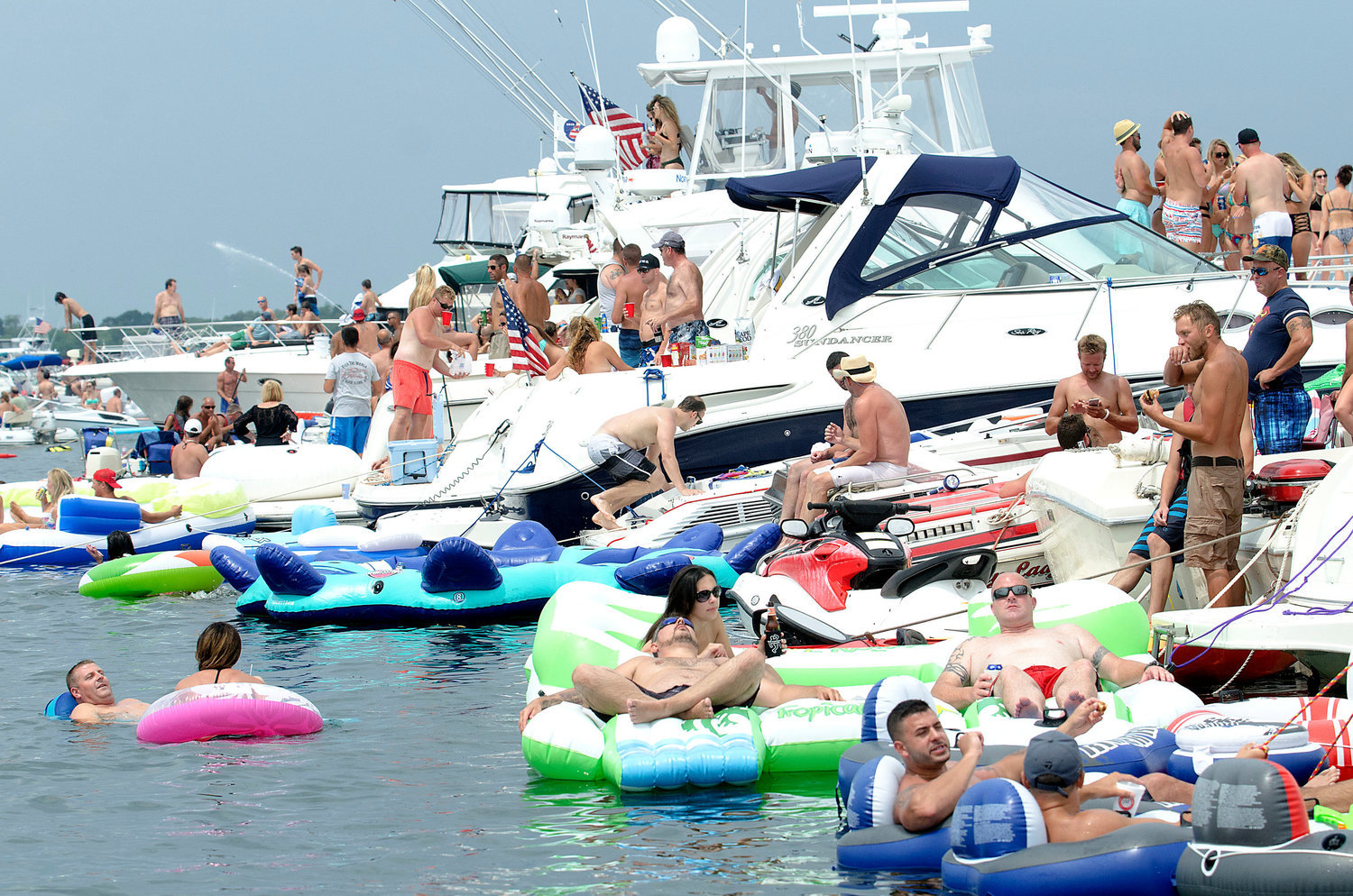 The annual party on the water known as “Aquapalooza” returned to Potters Cove, Prudence Island, on Saturday, drawing more than 1,000 boats and jet skis. (File photo)