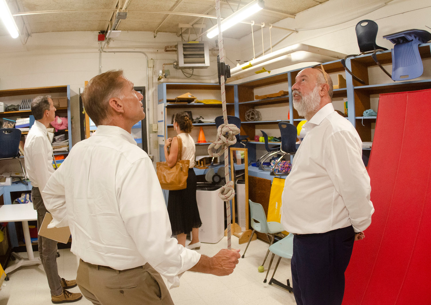 Barrington Superintendent of Schools Michael Messore (left) and Joseph DaSilva, the coordinator for the state’s school building authority, check out one of the spaces at Sowams School.