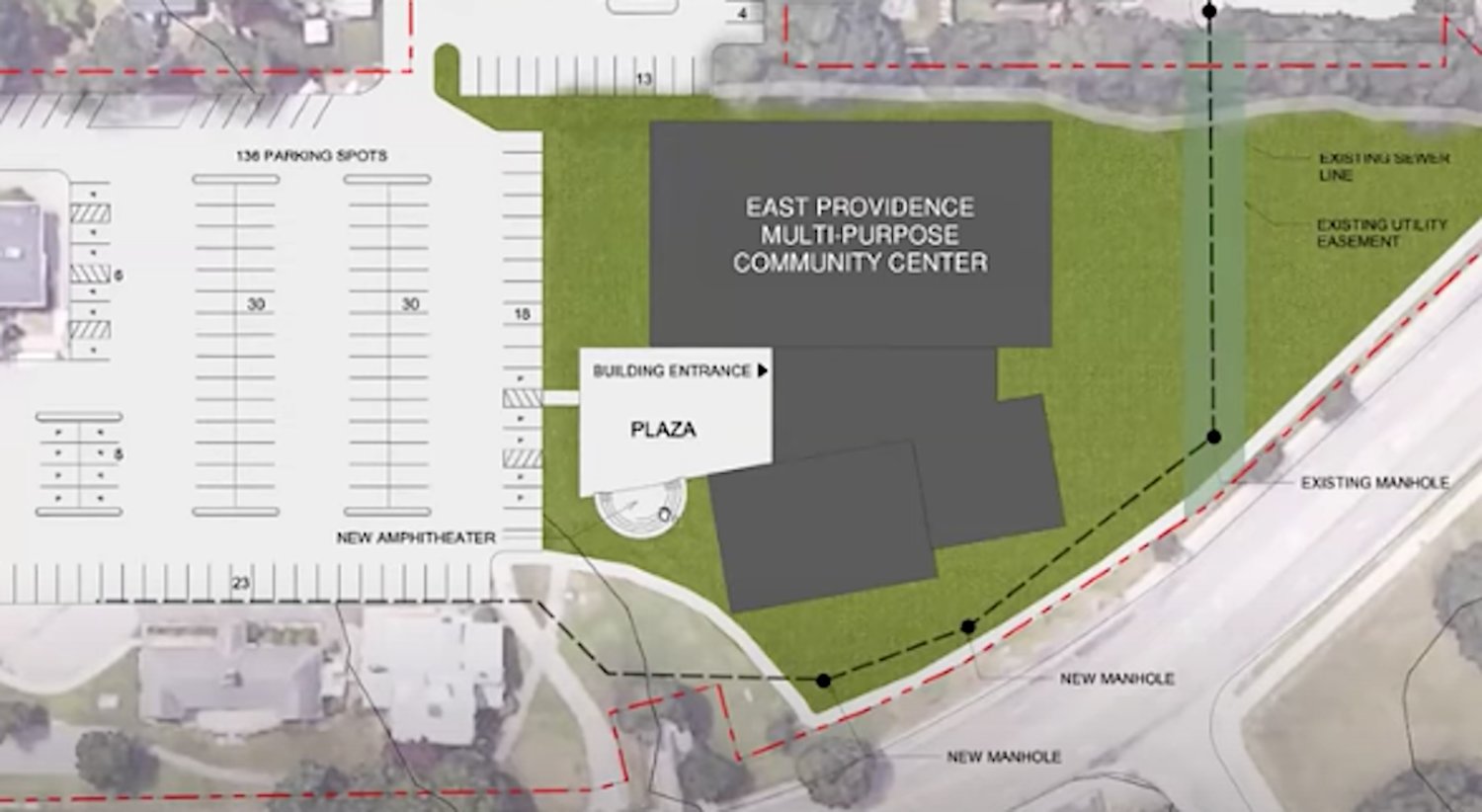 A rendering of the Senior Center grounds with the proposed Community Center added.