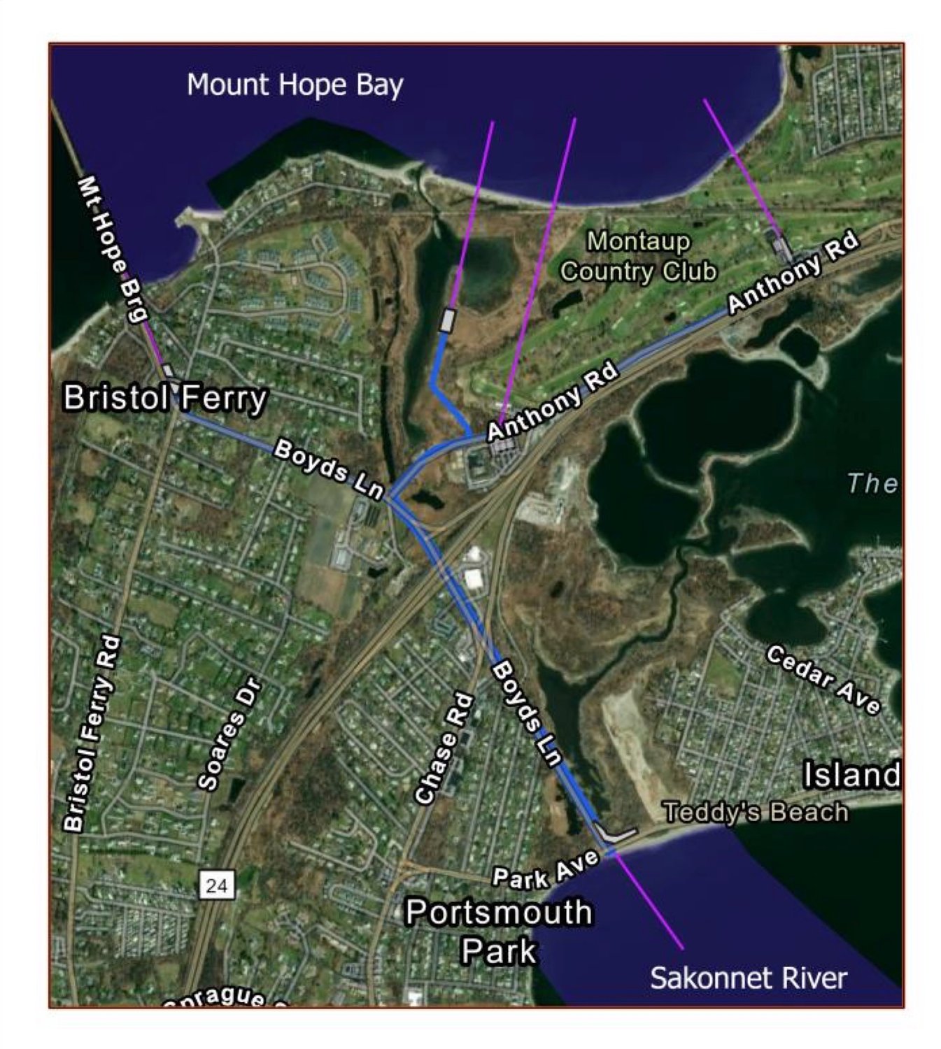 Illustration provided by Mayflower Wind shows how proposed cables would make landfall in Portsmouth at Island Park Beach, follow Boyds Lane underground to Anthony Road, and then take one of three as-yet-undetermined routes before transitioning back to offshore in Mt. Hope Bay. The cables would eventually make it to the regional transmission system at Brayton Point in Somerset.