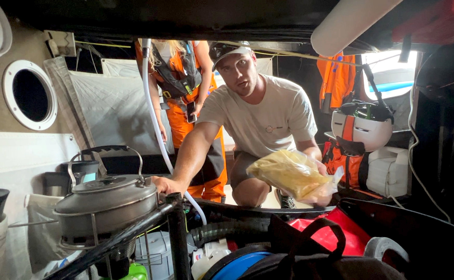 Boat captain James O’Mahony shows the cooking area aboard Mãlama.