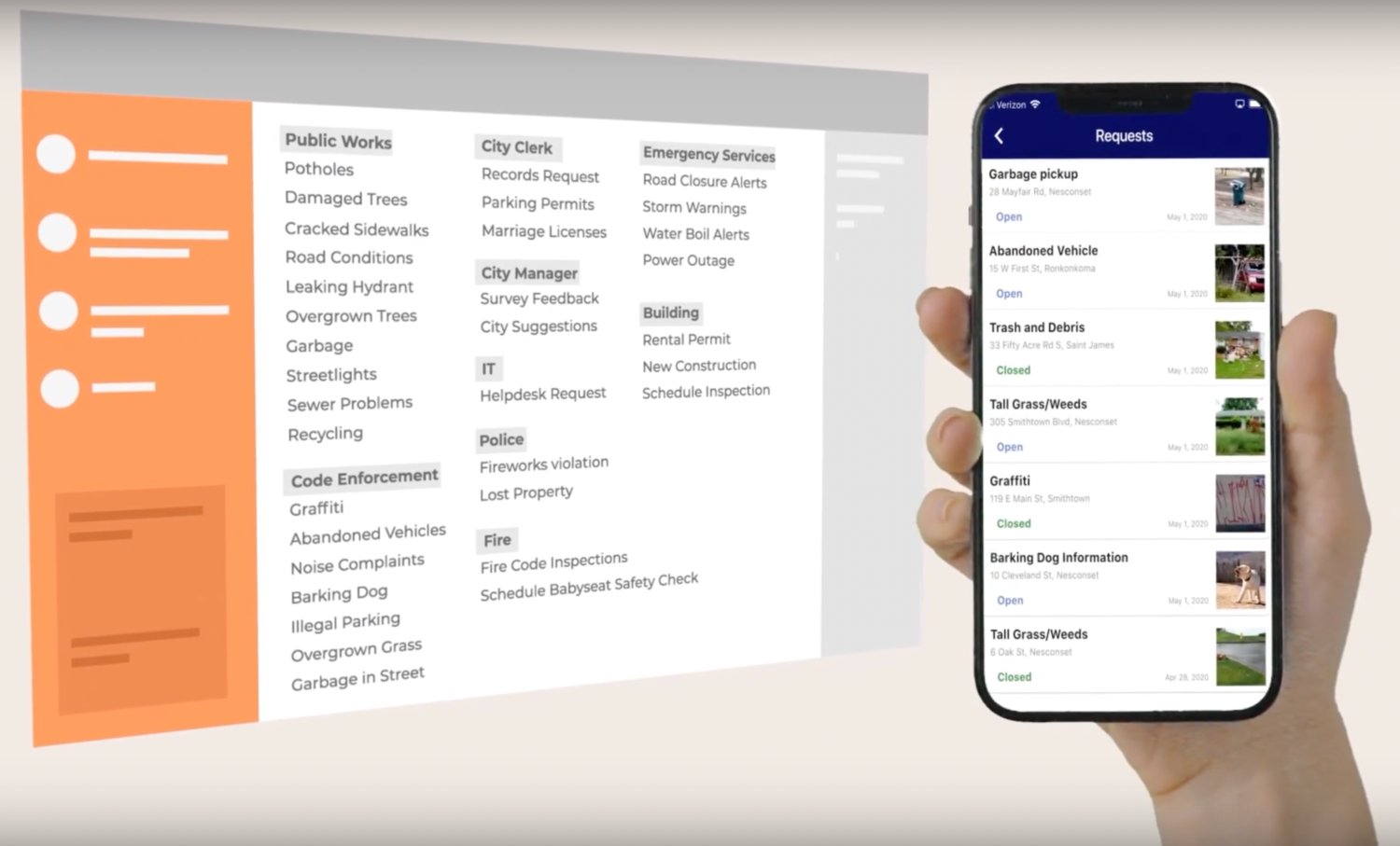 A screen grab from a promotional video for the app shows how residents will be able to log various issues with town officials and receive updates on when those requests are carried out.