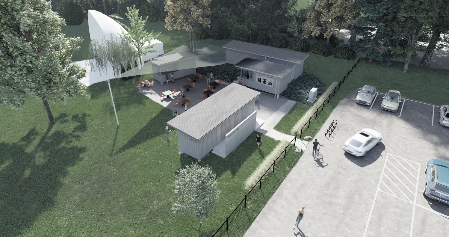 WHAT IT WILL BE: A rendering from Addaspace shows the structures that have been approved (with conditions) to be erected at Burr’s Hill Park, near the band shell. They include a concessions stand (left), a structure with three bathrooms (bottom), and a unit that would be used for office and storage space for the Parks and Recreation Department (top right).