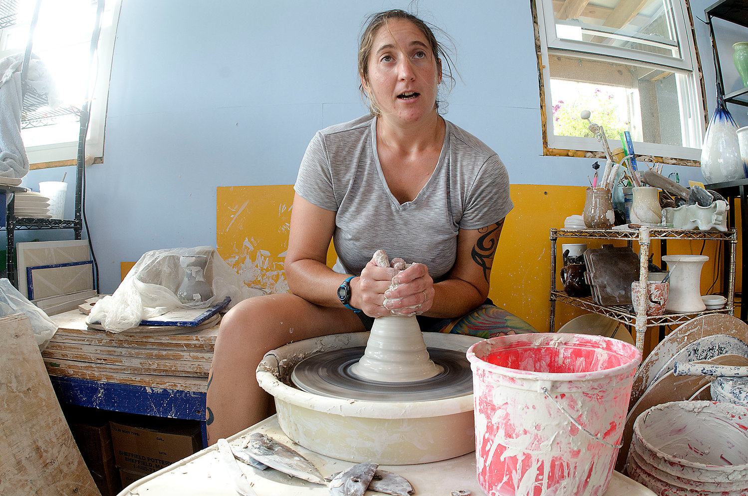 Lindsey Epstein in her studio at Tiverton Four Corners.
