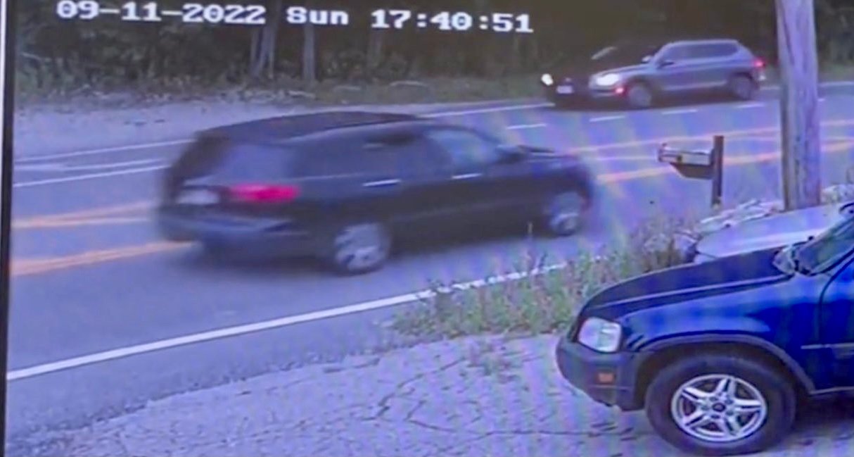 A screen capture from surveillance footage showing the suspect vehicle, a dark-colored Acura MDX, in a hit and run that occurred on Bulgarmarsh Road on Sunday, Sept. 11. Anyone with information on the vehicle is asked to contact Tiverton Police at 401-625-6717.
