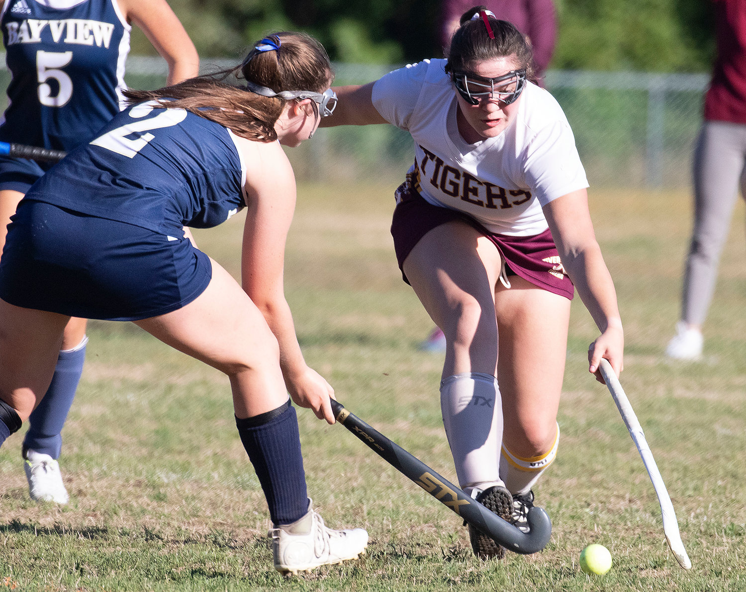 Senior midfielder Samantha Gacioch takes the ball from a Bay View forward at midfield during the Tiger’s game against St. Mary Academy on Thursday. Gacioch scored three goals for the Tiverton in the 7-0 win.