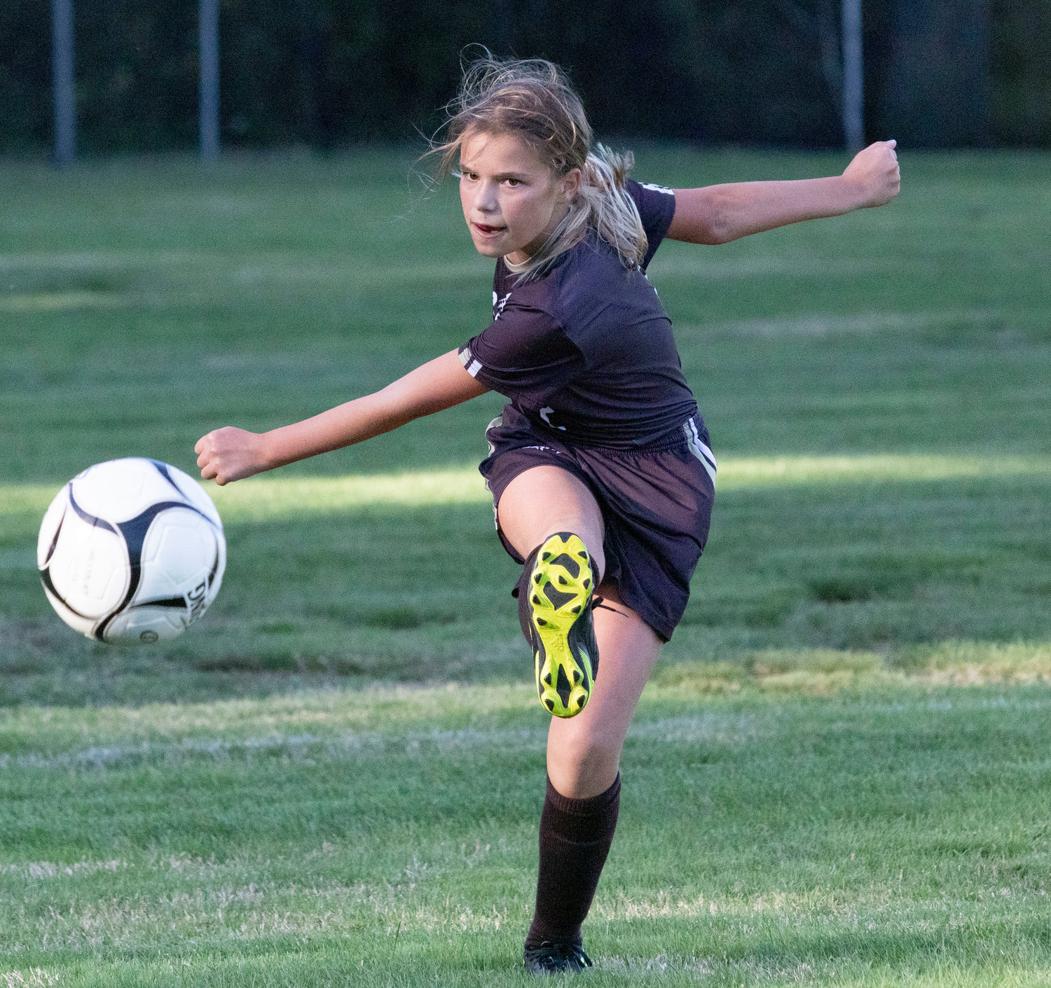 Eight grader defender Jacqueline Jusseaume clears the ball out of the Wildcats box. The young Wildcat has impressed her teammates with her play this season.
