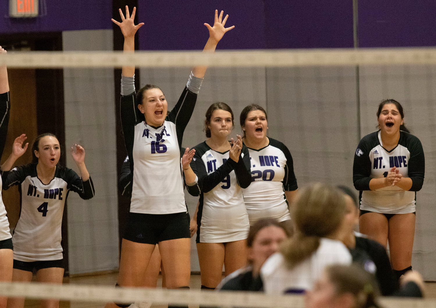 Gwenth Tucker (left (4)), Abby Allen, Sydney Withers, Nylah Terra and others celebrate after an improbable Huskies point on Friday night.