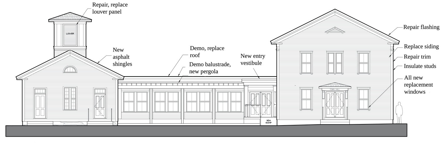 An architect's drawing of the Little Compton Town Hall, with some exterior repairs noted.