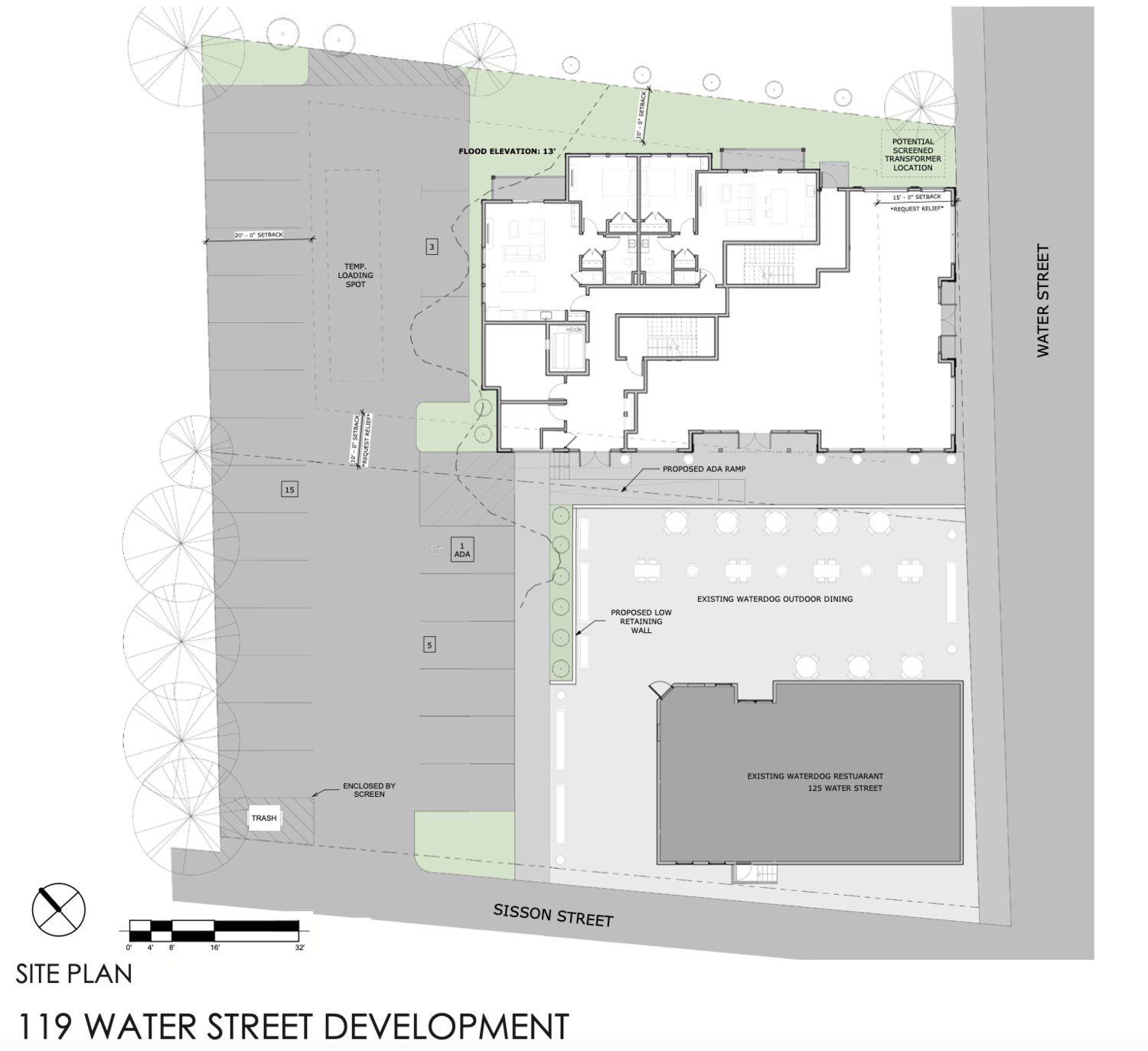A site plan shows how the existing space behind the Waterdog would be utilized to create a parking lot for the development. However, the number of spaces would still fall well short of Town zoning requirements.