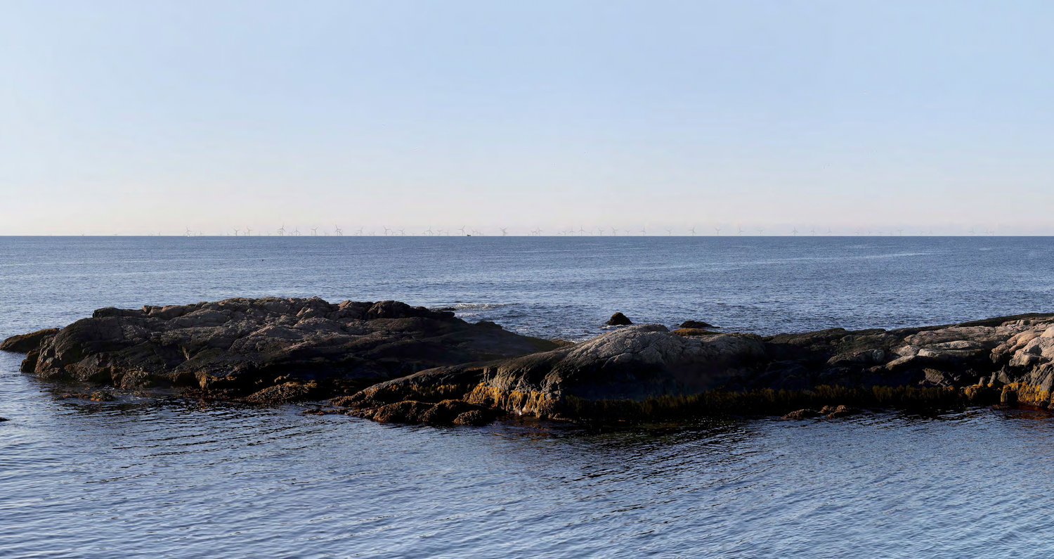 Digital rendering of a portion of the Revolution Wind farm as seen from Newport.