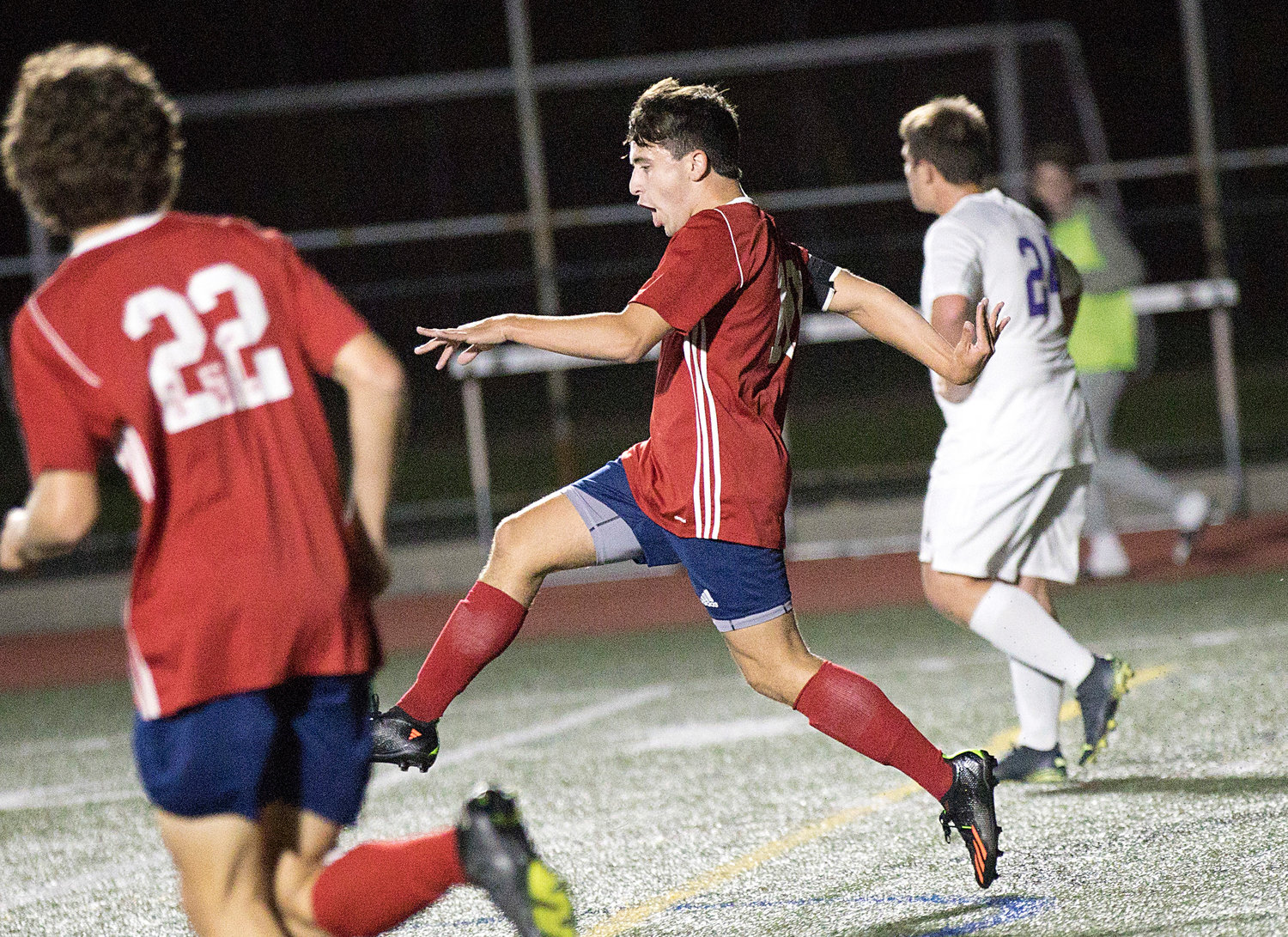 The Patriots’ Andrew Alvanas performs a victory dance after scoring against Mt. Hope in the first half of the game.