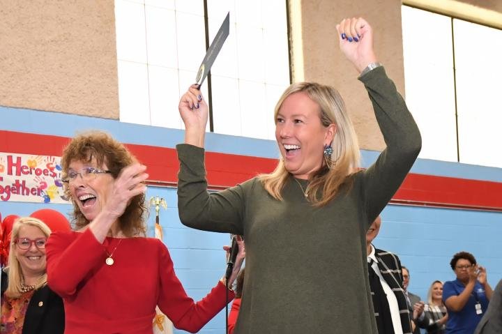 Hennessey Elementary School third grade teacher Emily Rendine celebrates upon receiving the 2022 Milken Educator Award.