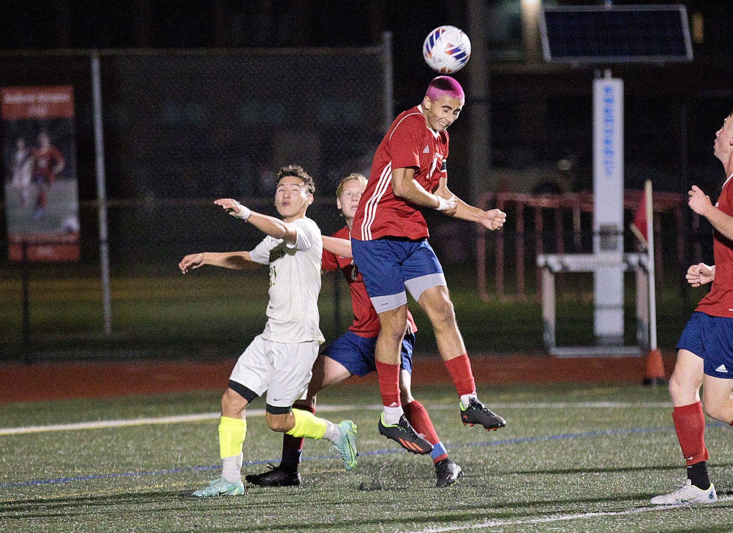 Portsmouth High’s Jackson Fox cuts Bishop Hendricken's 2-0 lead in half with a header into the goal in the second half of Thursday's Division I quarterfinal match.