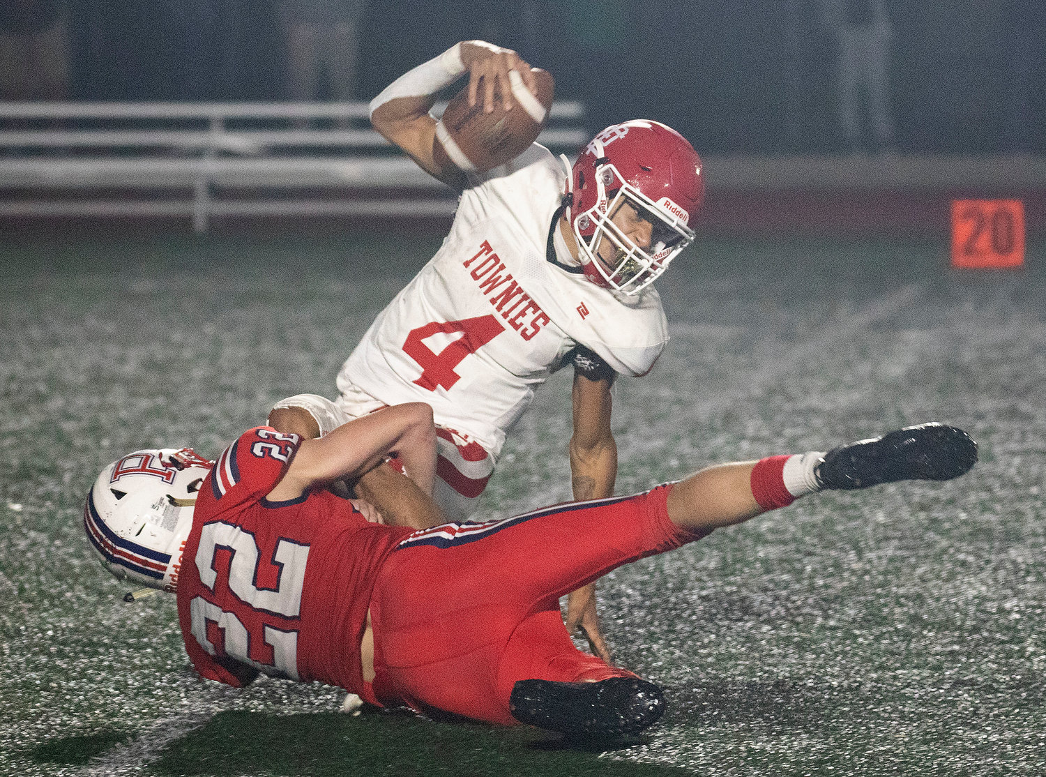 Patriots' linebacker Dylan Brandariz sacks Townies quarterback Maxwell Whiting late in the fourth quarter with Portsmouth up, 14-13.