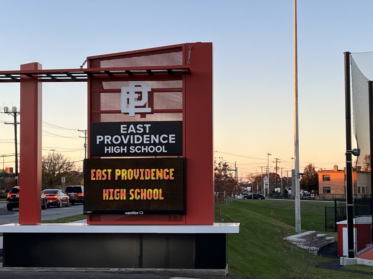 A view of the new digital message board and sign at the main entrance of EPHS off Pawtucket Avenue.