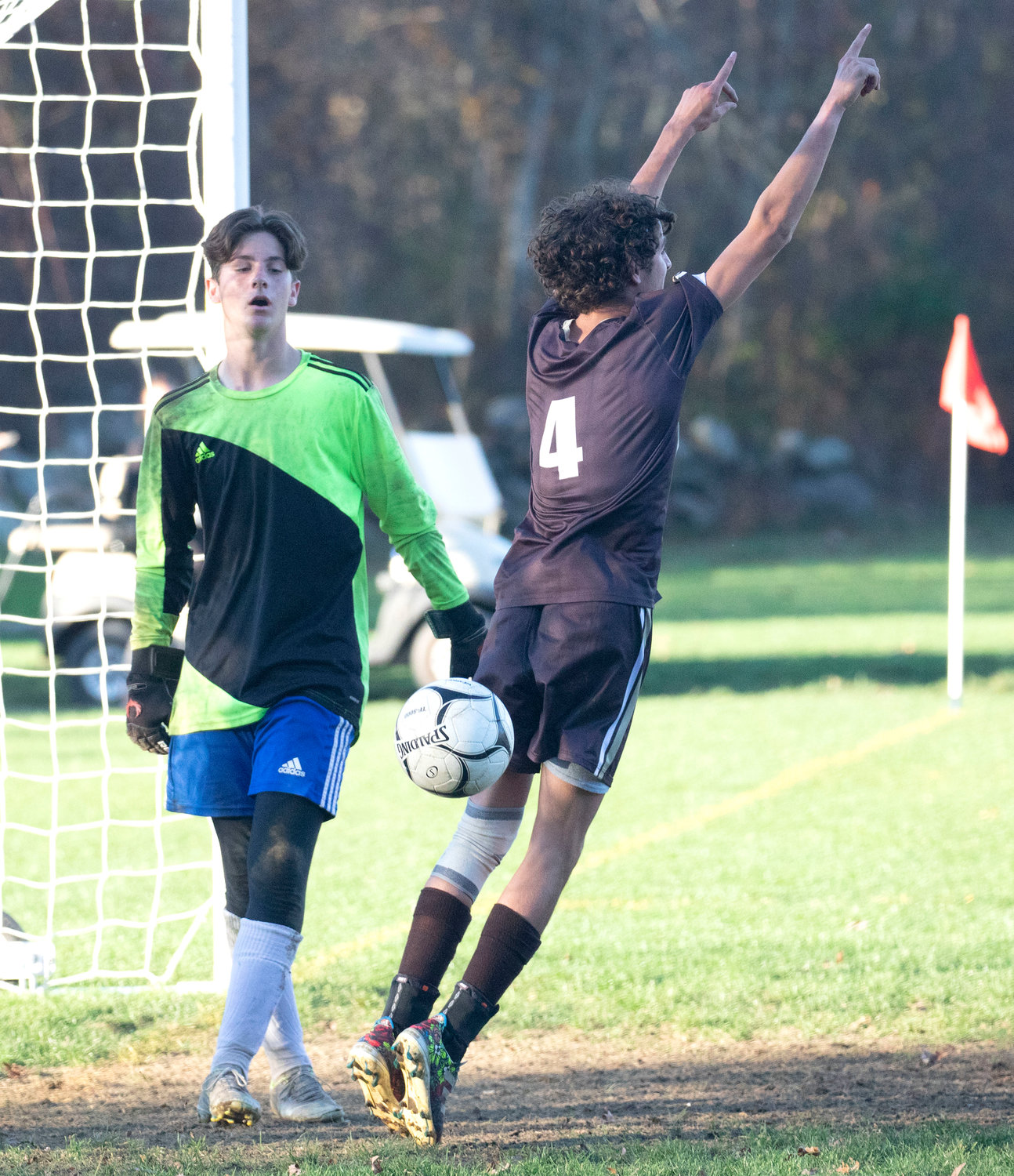 Midfielder Ben Boudria (right) signals a goal after Antonio Dutra Africano scored on a free kick from midfield to give Westport a 2-0 lead in the second half.