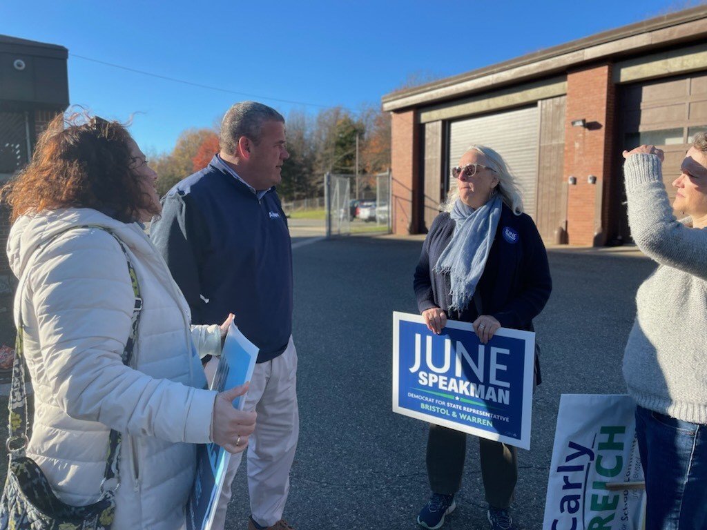 City resident and Secretary of State candidate Gregg Amore chats with State Rep June Speakman at an election day stop in Bristol.