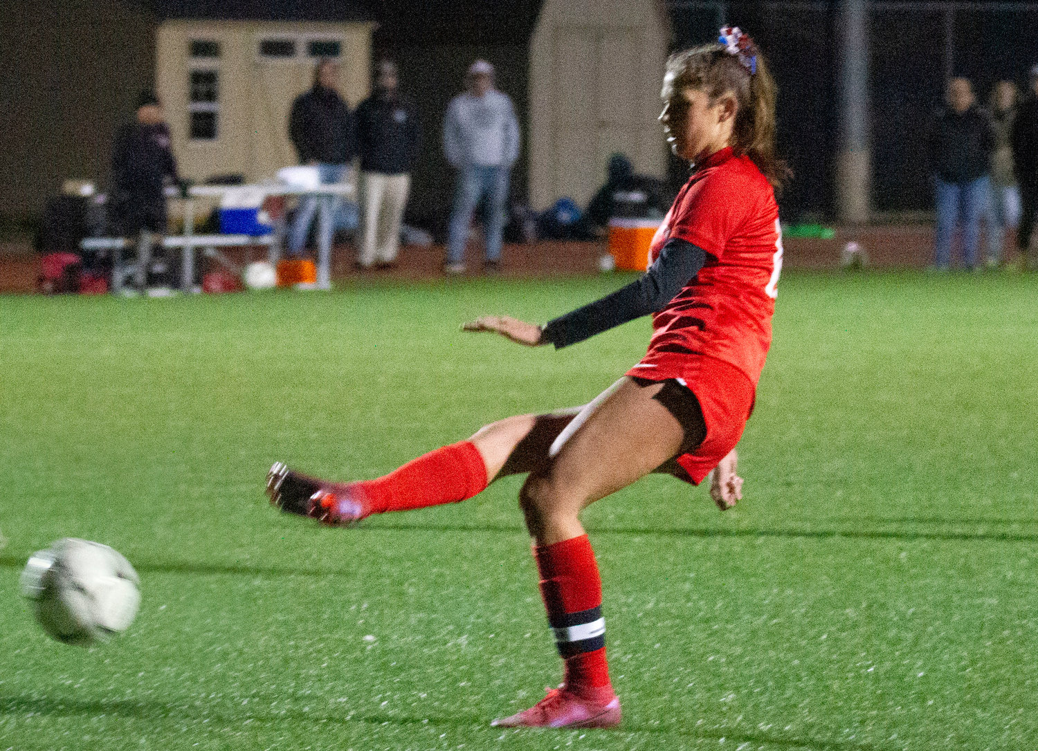 Kaitlin Roche boots in a penalty kick in the second half.