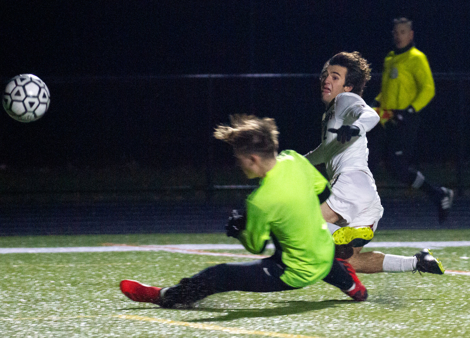 Striker Hunter Brodeur places a right-footed kick by Gardner goalkeeper Wyatt Tom into the back of the goal to give Westport a 1-0 lead with six minutes left to play.