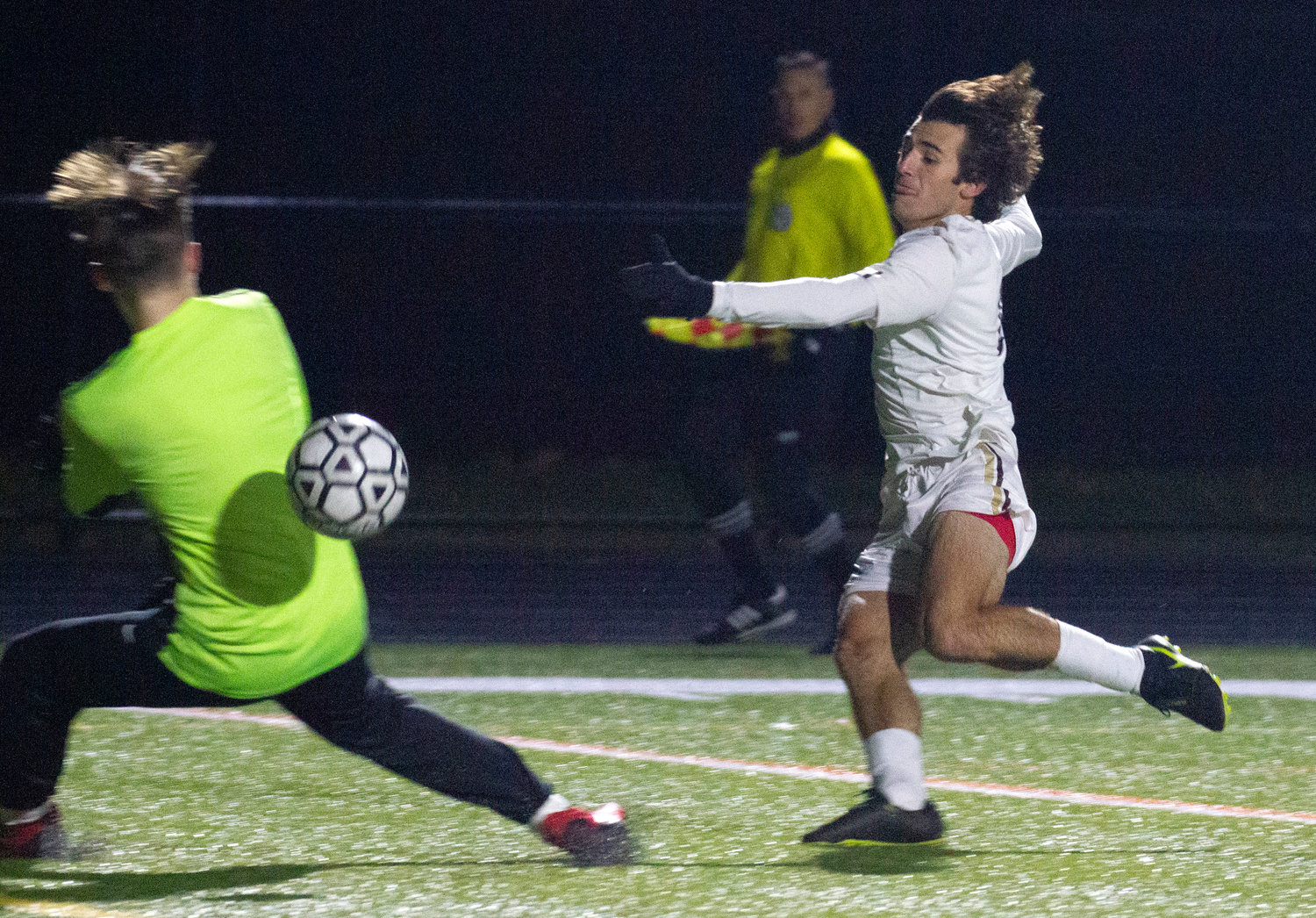 Striker Hunter Brodeur places a right-footed kick by Gardner goalkeeper Wyatt Tom into the back of the goal to give Westport a 1-0 lead with six minutes left to play.