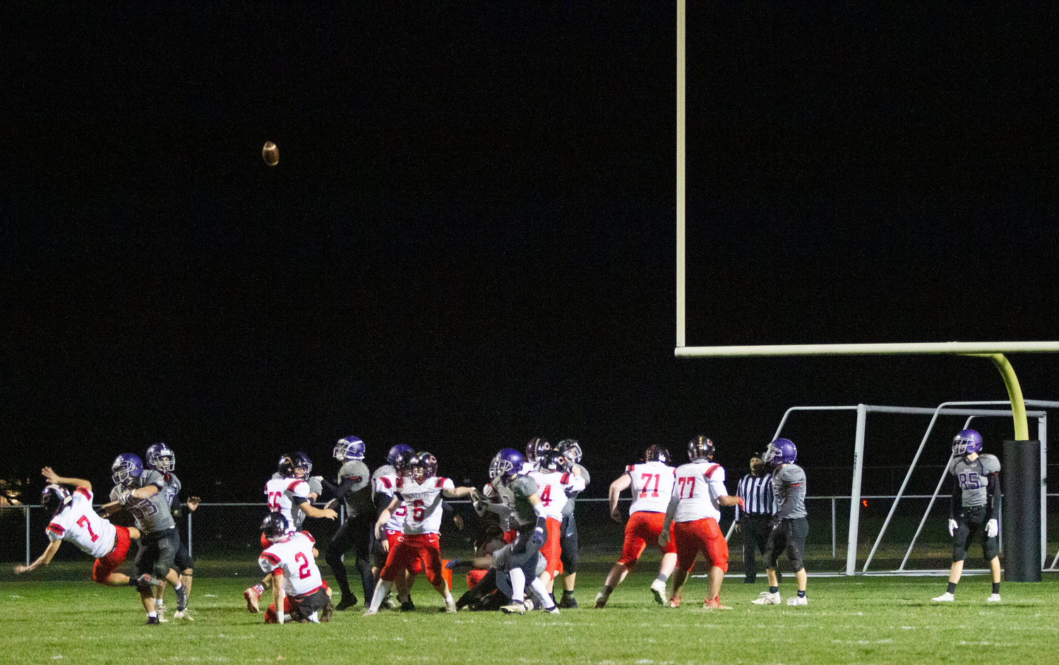 Brock Pacheco tips a Coventry extra point out of bounds and punishes the kicker earning a penalty on the play. The Oakers closer to the goal line, went for two, but were stuffed by the Huskies defense.