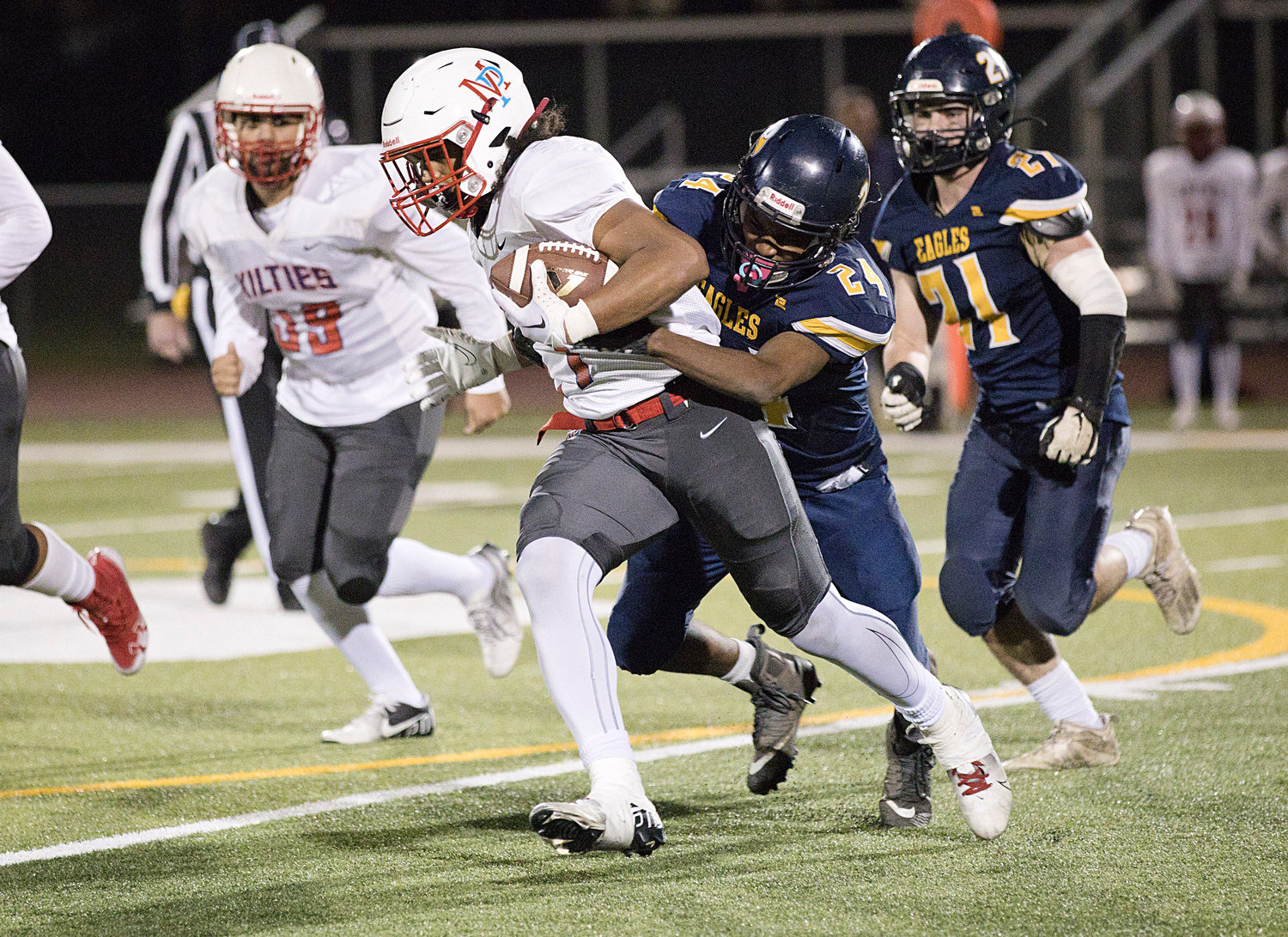 Charly Potter VI stops a Mt. Pleasant running back from advancing.