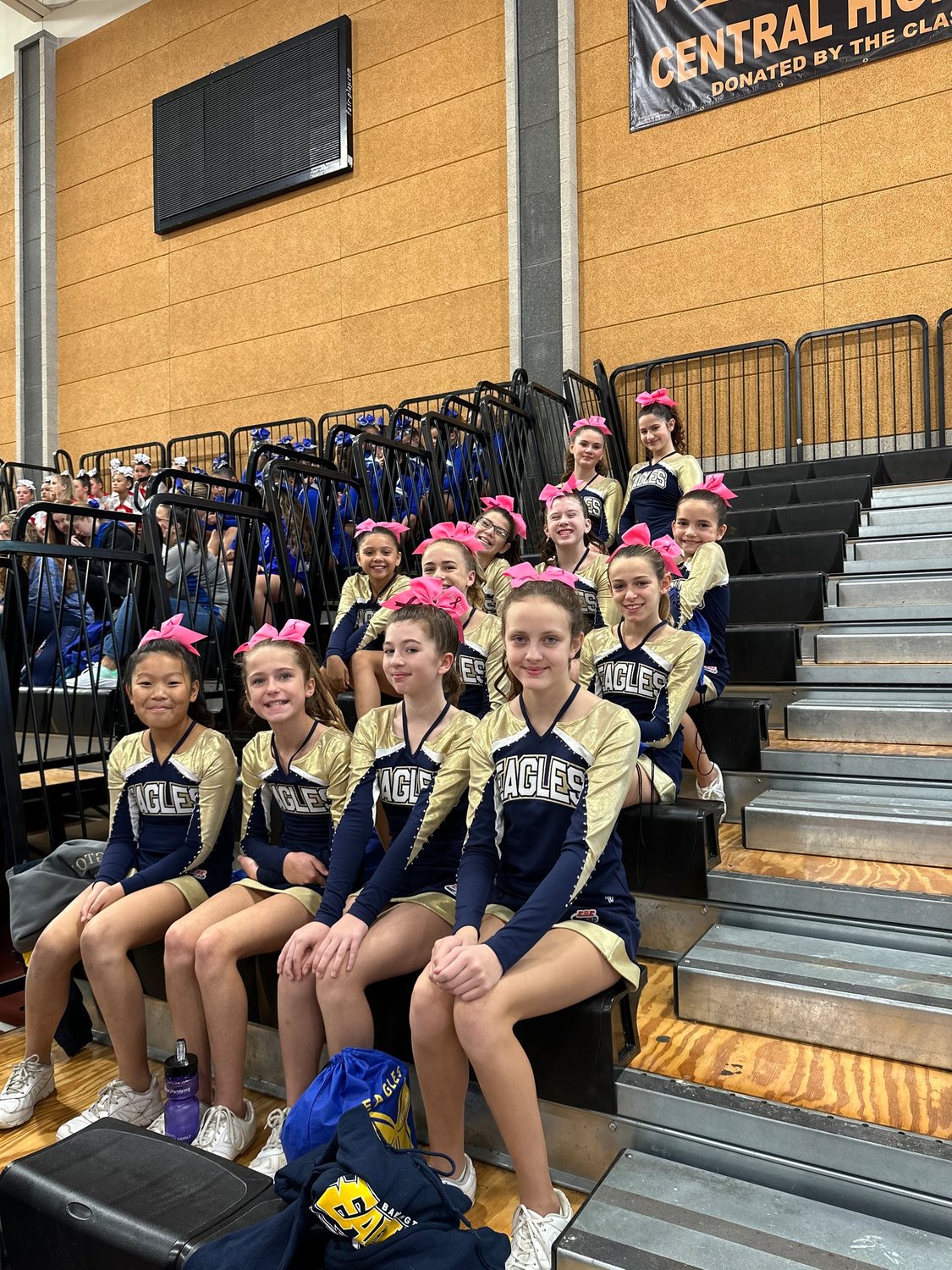 Members of the Barrington Pop Warner JV-1 cheer team pose for a photo. The team finished second at the RISMA State Cheer Competition.