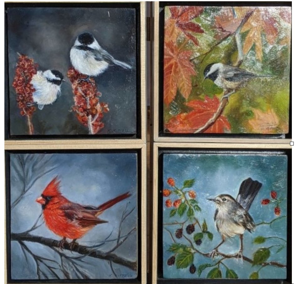 Kathy Kittell, owner of Don’s Art Shop on Main St., created this oil painting collection, “4 Birds”.