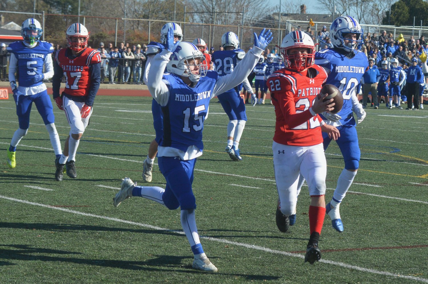 The Patriots’ Dylan Brandariz runs into the end zone for what appeared to be a touchdown in the fourth quarter, but a holding call against Portsmouth negated the play. Portsmouth would go on to score a TD anyway.