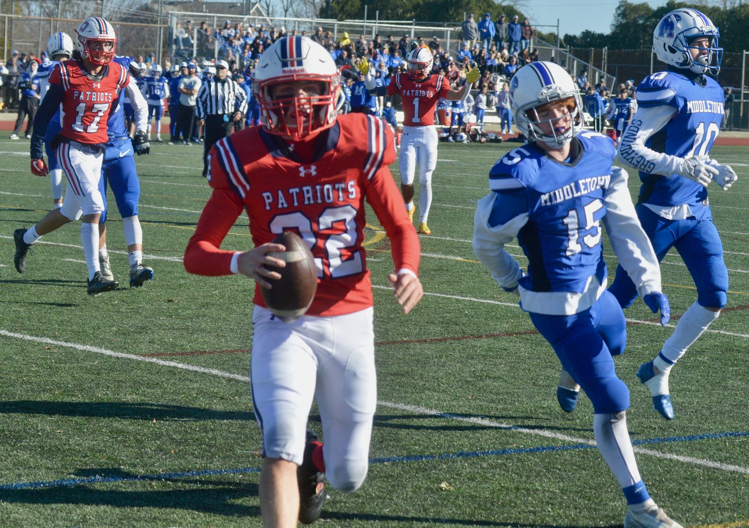 The Patriots’ Dylan Brandariz runs into the end zone for what appeared to be a touchdown in the fourth quarter, but a holding call against Portsmouth negated the play. Portsmouth would go on to score a TD anyway.