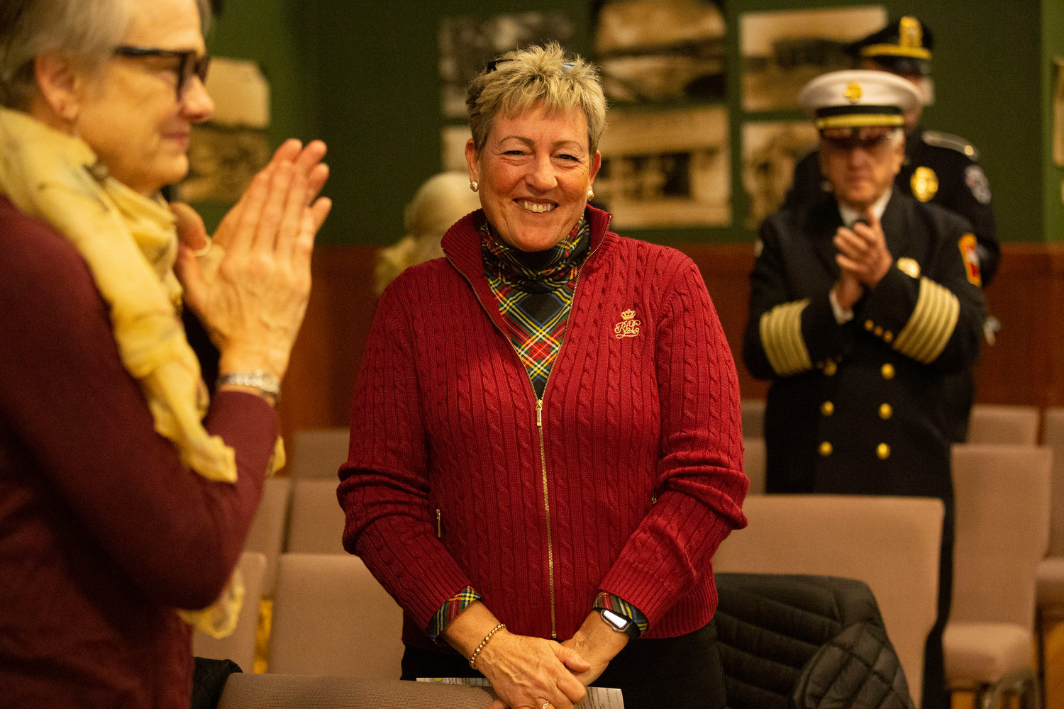Cynthia Coyne receives a round of applause for her years of service during a special meeting at the town hall on Monday night, Dec. 5. Coyne has served as the District 32 Senator since 2014. She stepped down this year, and her seat will be filled by fellow Barrington resident Pam Lauria.