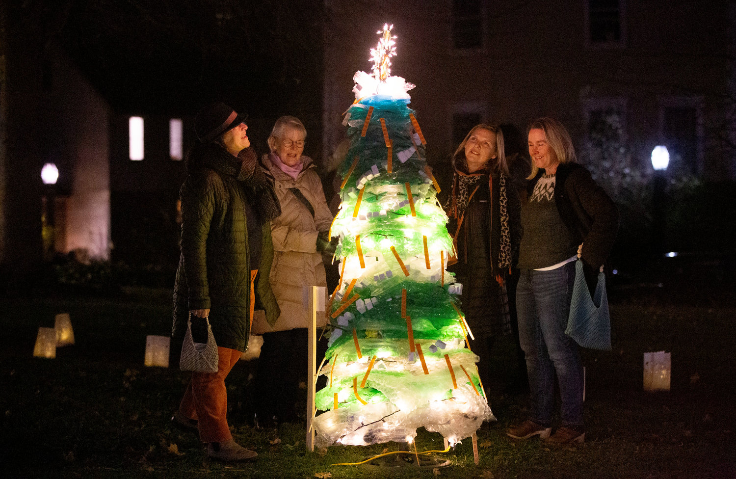 Kate Filloramo (left), Anne Hauzer, Jade Gilchrist and Michelle Leys admire a re-tree entry Friday evening. 