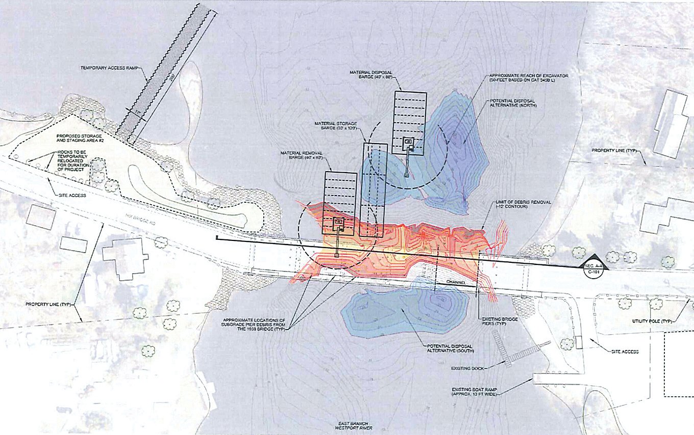 An Army Corps of Engineers map showing the location of 'scour holes,' the Army Corps' preferred location to dispose of rubble from underneath the bridge, in blue. The red area shows the location of rubble that would be removed.